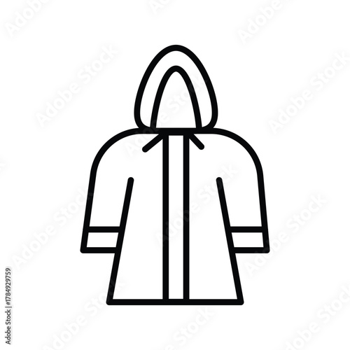 A black outline of a hooded raincoat on a white backdrop The coat has a zipper and sleeves with cuffs