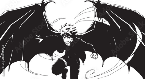 Powerful Winged Man in Dynamic Black and White Illustration