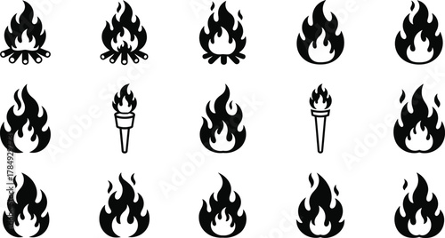 Black flame icon set, fire torch silhouette, burning flame vector, safety symbol, heat energy graphic, abstract fire illustration collection