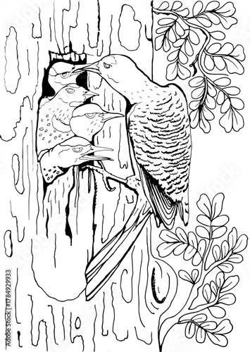 Mother Woodpecker Feeding Chicks in Tree Hollow – Black and White Line Art