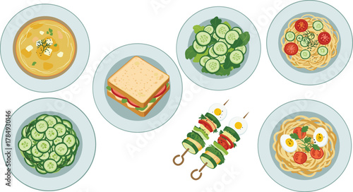 Healthy food, vegetable dishes, pasta plate, boiled eggs, salad bowl, sandwich meal, skewers, cucumber slices, lunch ideas, nutrition concept