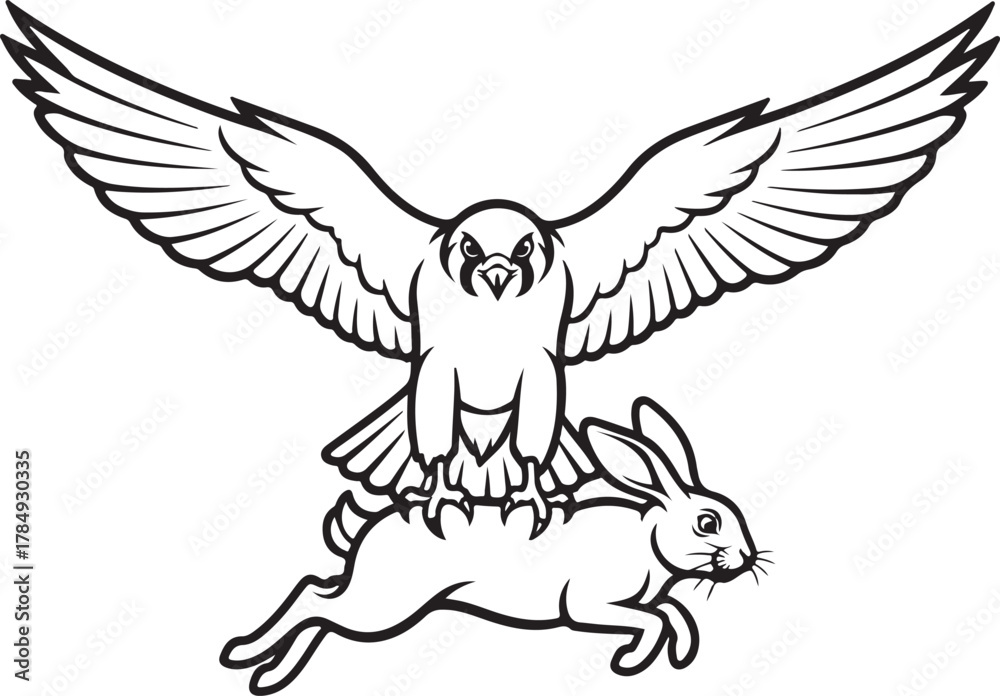 Obraz premium Dynamic Black and White Illustration of a Raptor Bird on a Running Rabbit