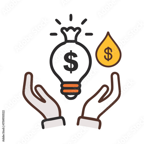 Money bag, dollar coins and banknotes in flat vector illustration.
