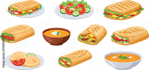 Healthy sandwiches, fresh wraps, vegetable salad, hearty soup, nutritious lunch, balanced meal, wholesome food, cafe menu, diet-friendly, organic ingredients