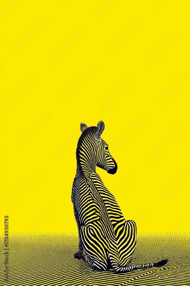 Obraz premium Vibrant Zebra Resting Against a Bright Yellow Background in a Striking Art Piece