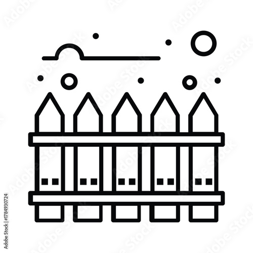 A black  white line drawing of a picket fence