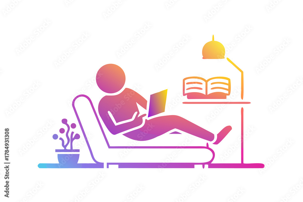 Obraz premium A person relaxing and reading a book on a comfortable chair with a side table and lamp