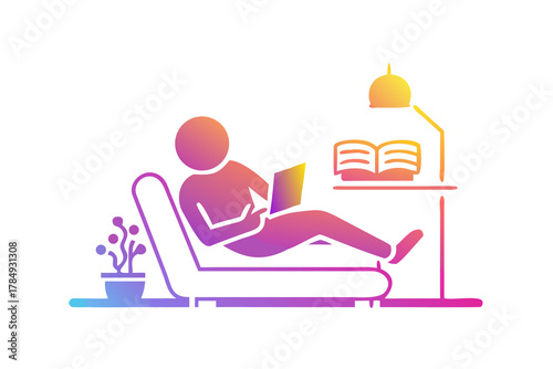 A person relaxing and reading a book on a comfortable chair with a side table and lamp