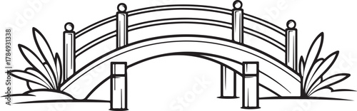 Simple Line Art Illustration of an Arched Bridge with Railings and Plants