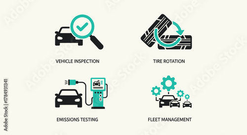 Vector illustration of collection of four car service icons vehicle inspection, tire rotation, emissions testing, and fleet management, representing automotive maintenance and care
