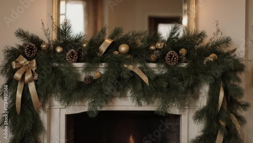 Elegant Christmas Garland Adorns Fireplace Mantel with Pinecones and Gold Ribbons.