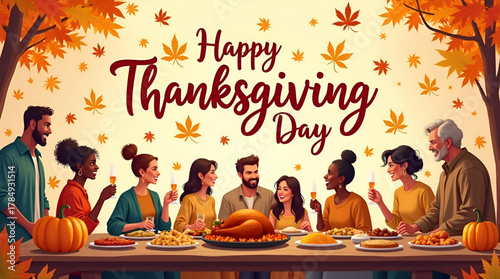 Thanksgiving background design with “Happy Thanksgiving Day” lettering in calligraphic script, decorated with seasonal illustrations