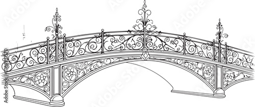 Detailed Ornate Arched Bridge Line Art with Decorative Scrollwork
