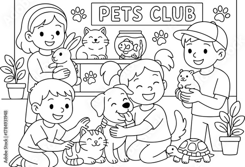 hand drawn vector illustration of pets club coloring page for kids