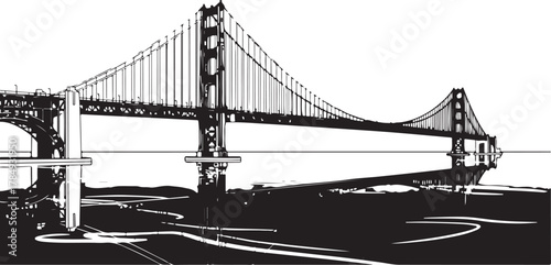 Monochromatic Graphic Illustration of a Suspension Bridge Spanning Water with Reflections