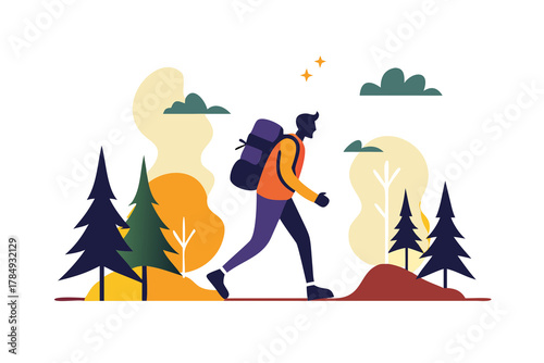 Man with backpack hiking through a forest with trees and mountains in the background