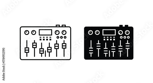 Audio mixer console icons shown in two styles, outline and solid black glyph, isolated on a white background.