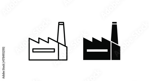 Two stylized icons representing a factory, one in outline and the other in solid black.