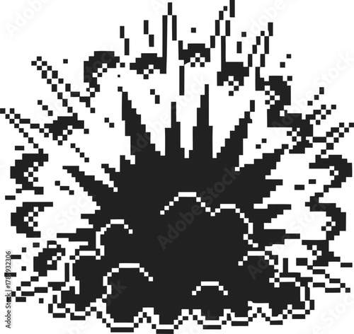 Pixel explosion silhouette with black comic blast, retro video game effect, digital cloud burst, dynamic energy impact