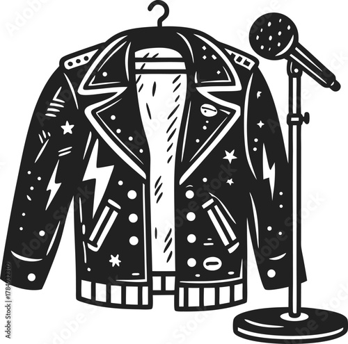 Rock and roll leather jacket with microphone stand music performance stage, retro punk outfit, concert singing icon