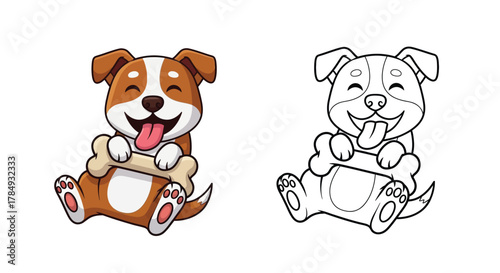 A cute cartoon puppy sitting happily while holding a large bone, shown in both full color and as a black and white coloring page outline.