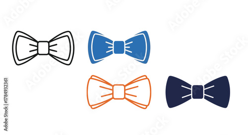 Four bow tie illustrations with different colors and outlines, simple design.