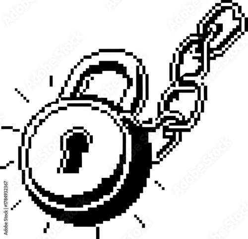 Pixel lock with broken chain symbolizing freedom, escape, security, black and white minimalist digital design