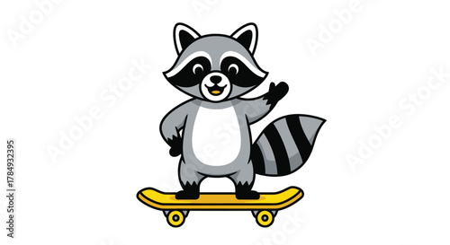 A cute cartoon raccoon with a striped tail riding a yellow skateboard and waving its paw.