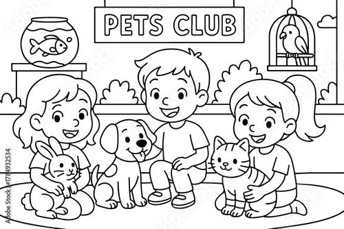 hand drawn vector illustration of pets club coloring page for kids