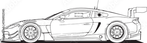 Detailed Line Art Drawing of a High-Performance Sportscar in Side Profile