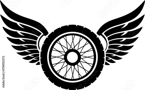 Motorcycle wheel with stylized wings vintage emblem, freedom journey, biker icon, mobility and adventure theme design