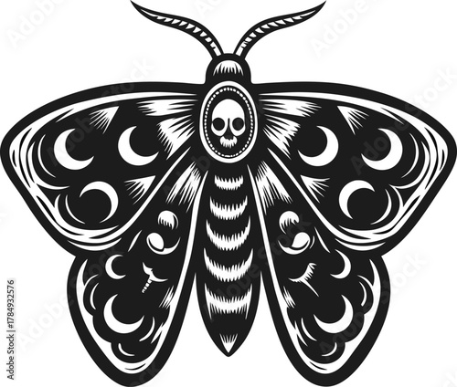 Illustration of a black luna moth with crescent moon wings and skull pattern, gothic mystical insect design on white background