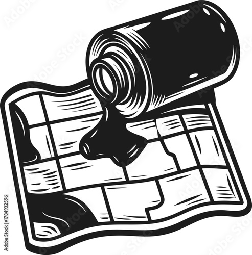 Map with spilled paint, ink mess on paper surface artistic splatter, creativity mistake, abstract design element