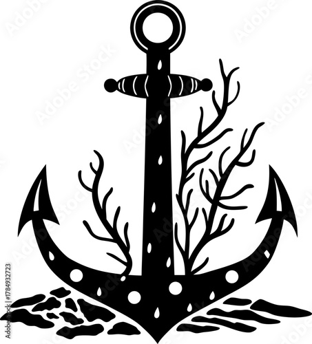 Vintage anchor with seaweed and seabed elements nautical marine symbol, maritime emblem concept, black silhouette illustration