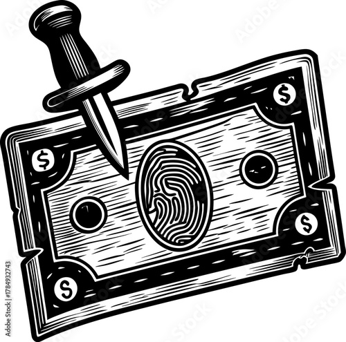 Knife piercing vintage dollar bill with fingerprint symbol of financial crime, identity theft, fraud, and illegal money activities