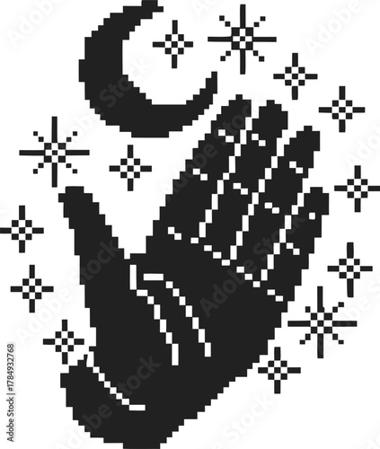 Mystical hand with crescent moon and stars, black silhouette spiritual palm, night sky magic, cosmic celestial energy