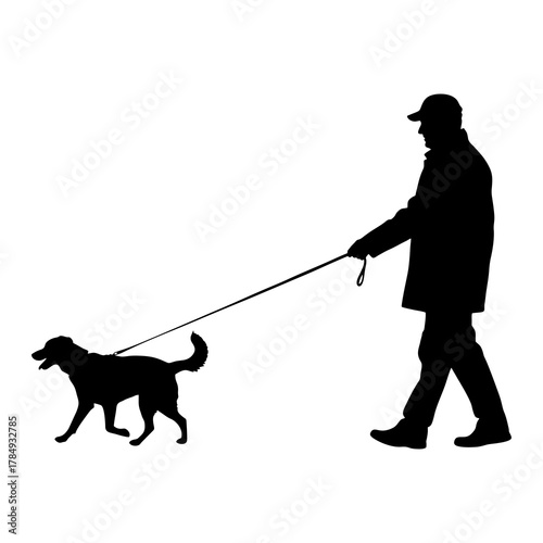 The silhouette of a man walking with his pet dog.