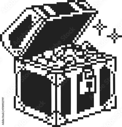 Pixel art treasure chest full of gold coins, open lid and sparkling jewels retro 8 bit gaming wealth reward