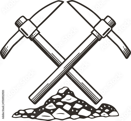 Crossed mining pickaxes and pile of rocks vintage tool icon, mineral extraction, industry, geology, excavation concept