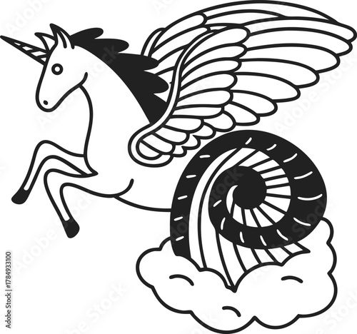 Winged unicorn with spiral shell tail and cloud fantasy myth creature, imaginative magical animal, surreal line drawing