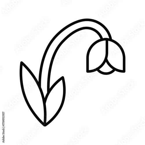 A drooping flower with two leaves depicted as a line drawing