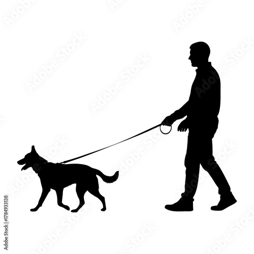 The silhouette of a man walking with his pet dog.
