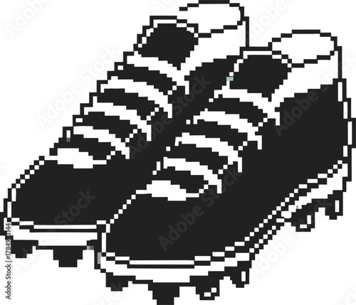 Pixel soccer cleats, retro black and white footwear illustration classic digital art design, sports footwear concept