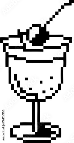 Pixel ice cream sundae dessert in retro digital vintage cup with cherry garnish, black and white minimalist icon