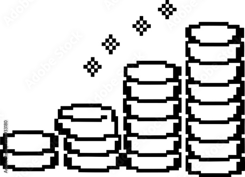 Pixel art stacked coins with upward growth, increasing money earnings, retro economy, savings success, profit illustration