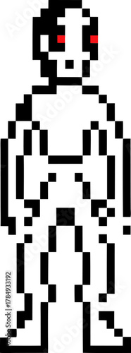 Pixel art humanoid robot with red glowing eyes, minimalist retro character isolated on white background