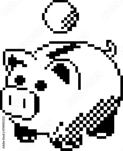 Pixel art piggy bank saving money retro coin and pig illustration, 8 bit finance icon for banking, economy, saving concept