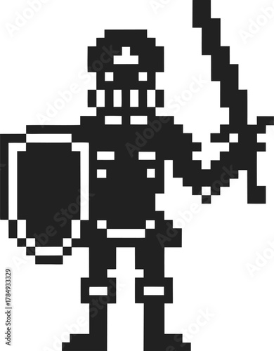 Pixel art medieval knight with sword and shield retro 8 bit video game warrior, black and white vintage character sprite
