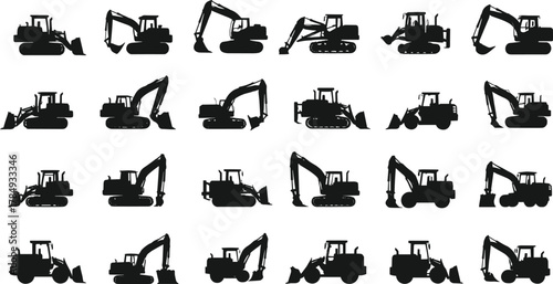 Construction vehicle silhouettes, bulldozer, excavator, loader, heavy machinery, black icons, industrial equipment, vector grid, construction tools, machine profiles