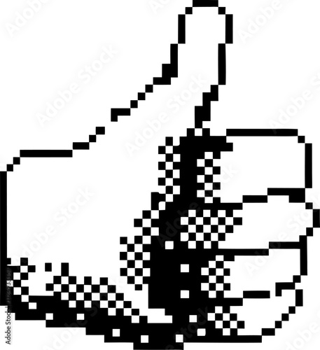 Pixelated thumbs up hand gesture retro black and white pixel art icon, digital approval, positive feedback sign